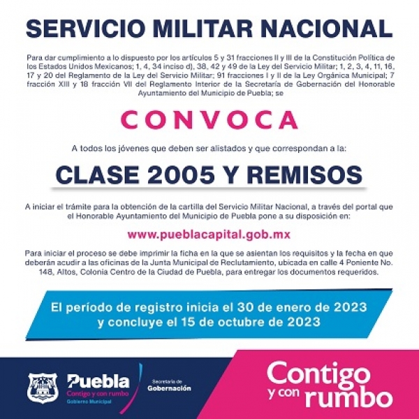 Convocan a jóvenes de la capital poblana a tramitar su cartilla militar